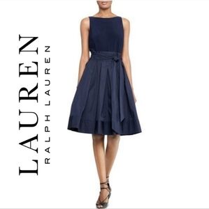 NWT Lauren Ralph Lauren mixed media evening navy Yuko gown dress, pockets, sz 12